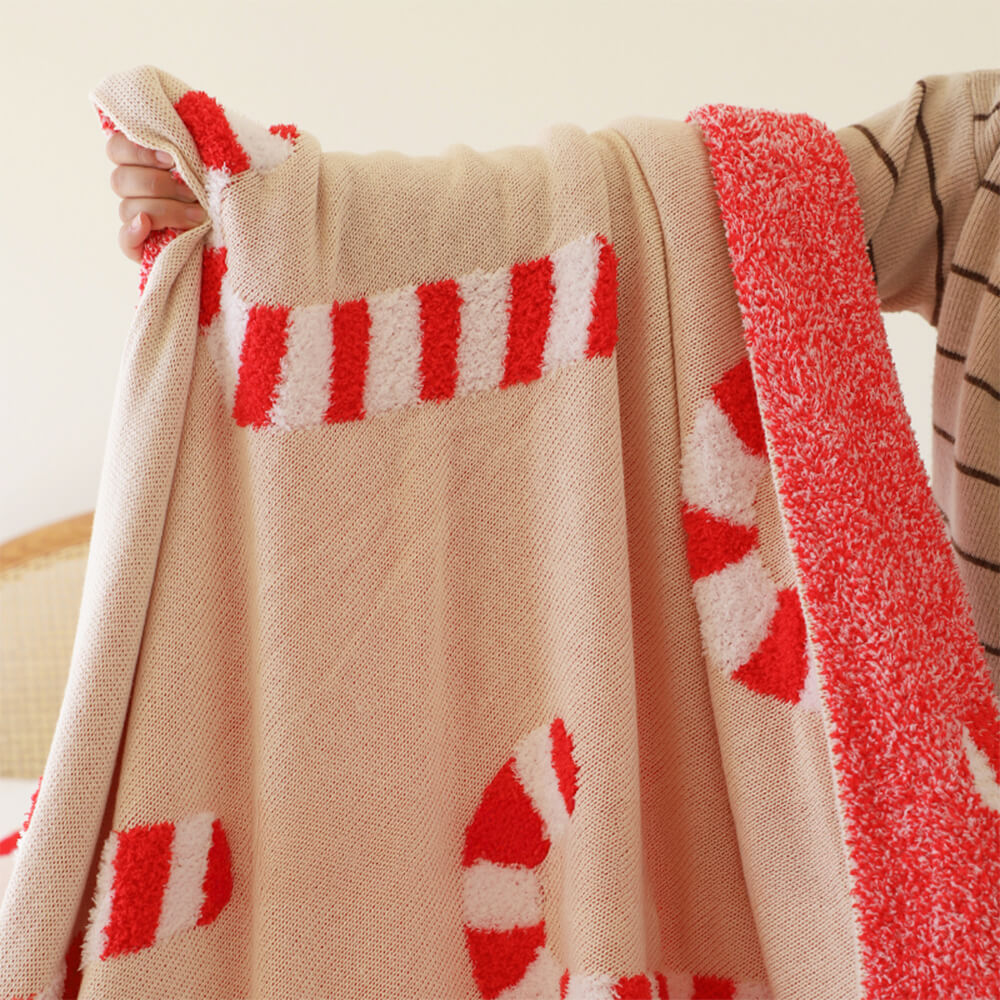 Manta de punto acogedora con forma de bastón de caramelo navideño y almohada