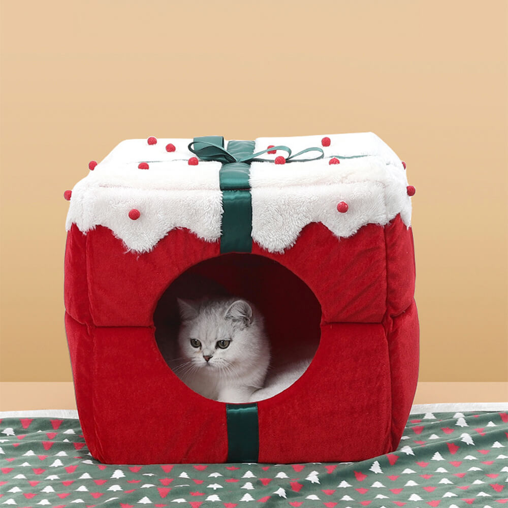 Caja de regalo de Navidad, cálida cama semicerrada para perros y gatos