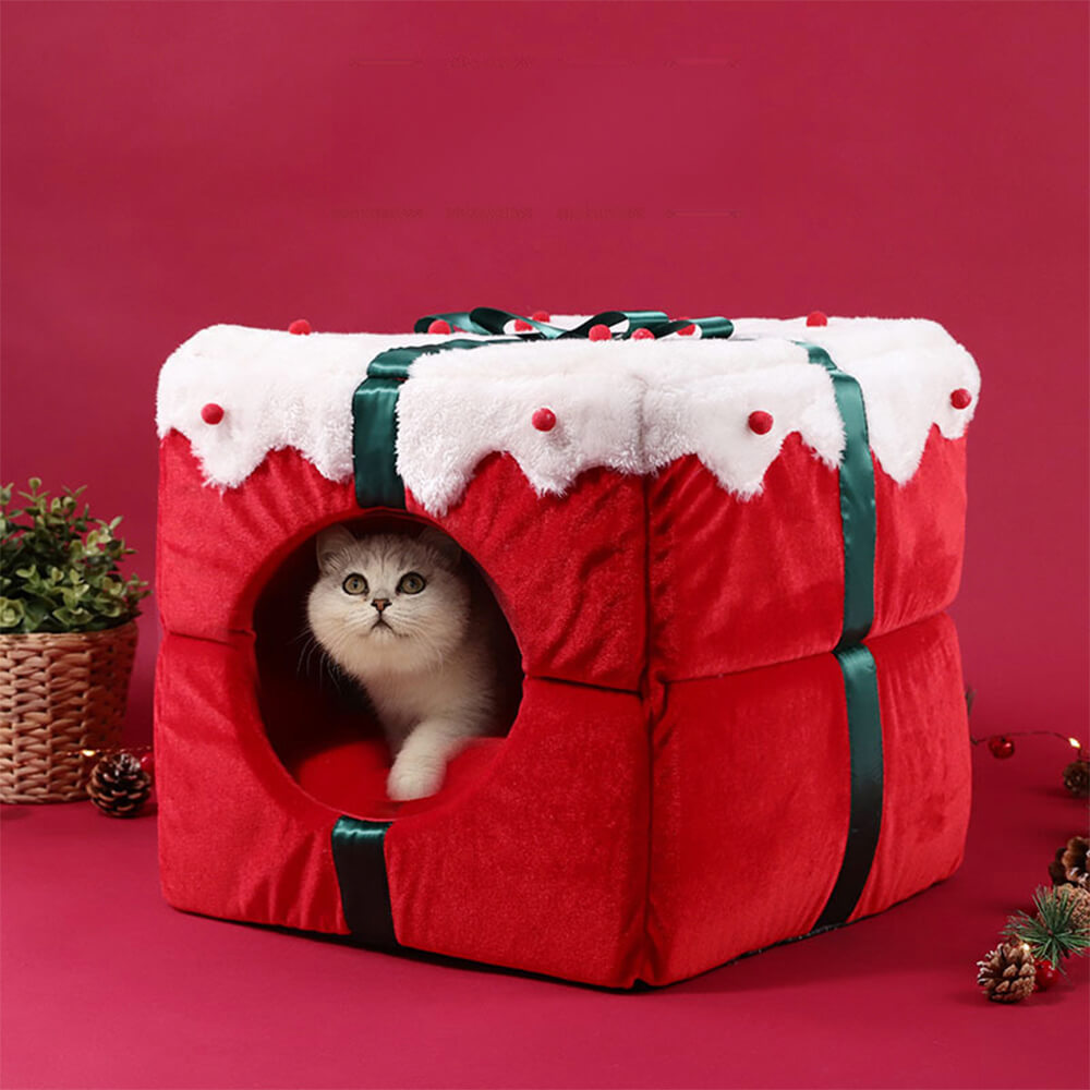 Caja de regalo de Navidad, cálida cama semicerrada para perros y gatos