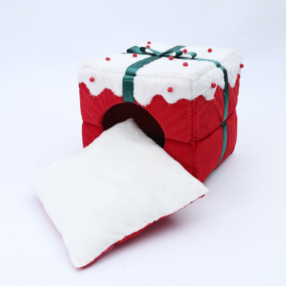 Caja de regalo de Navidad, cálida cama semicerrada para perros y gatos