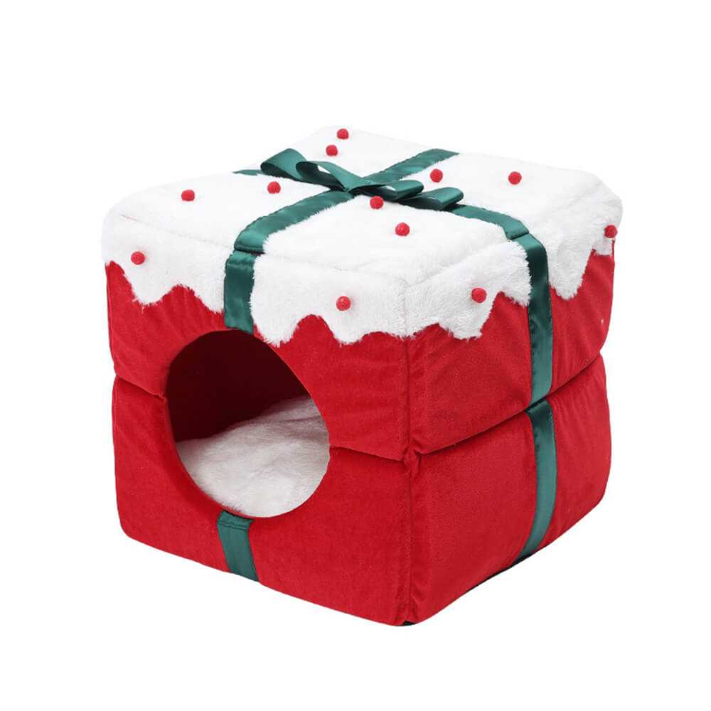 Caja de regalo de Navidad, cálida cama semicerrada para perros y gatos