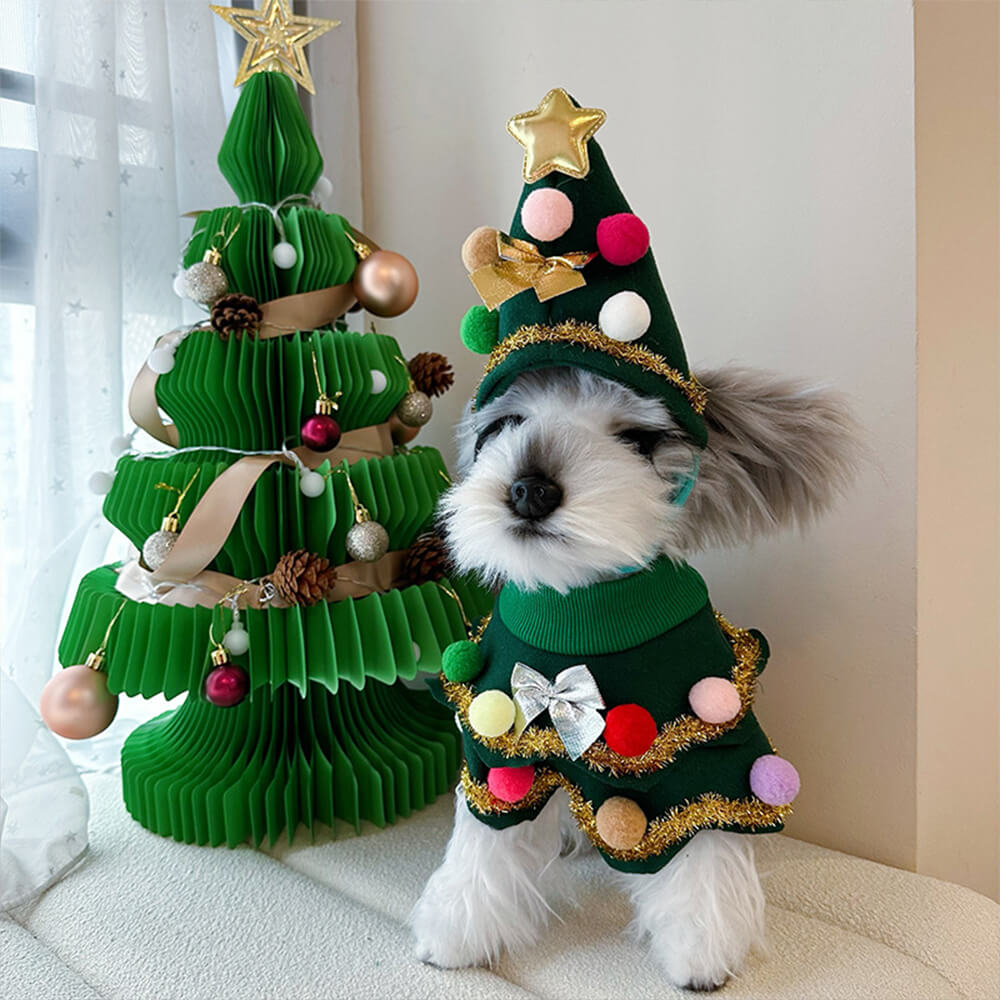 Disfraz de perro y gato con capa y sombrero de árbol de Navidad