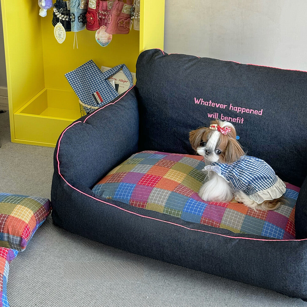 Sofá cama para perros y gatos con respaldo alto y almohadas reversibles de mezclilla