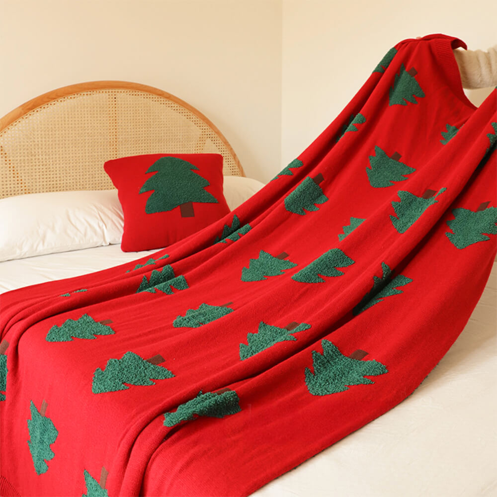 Manta de punto con diseño de árbol de Navidad festivo y almohada