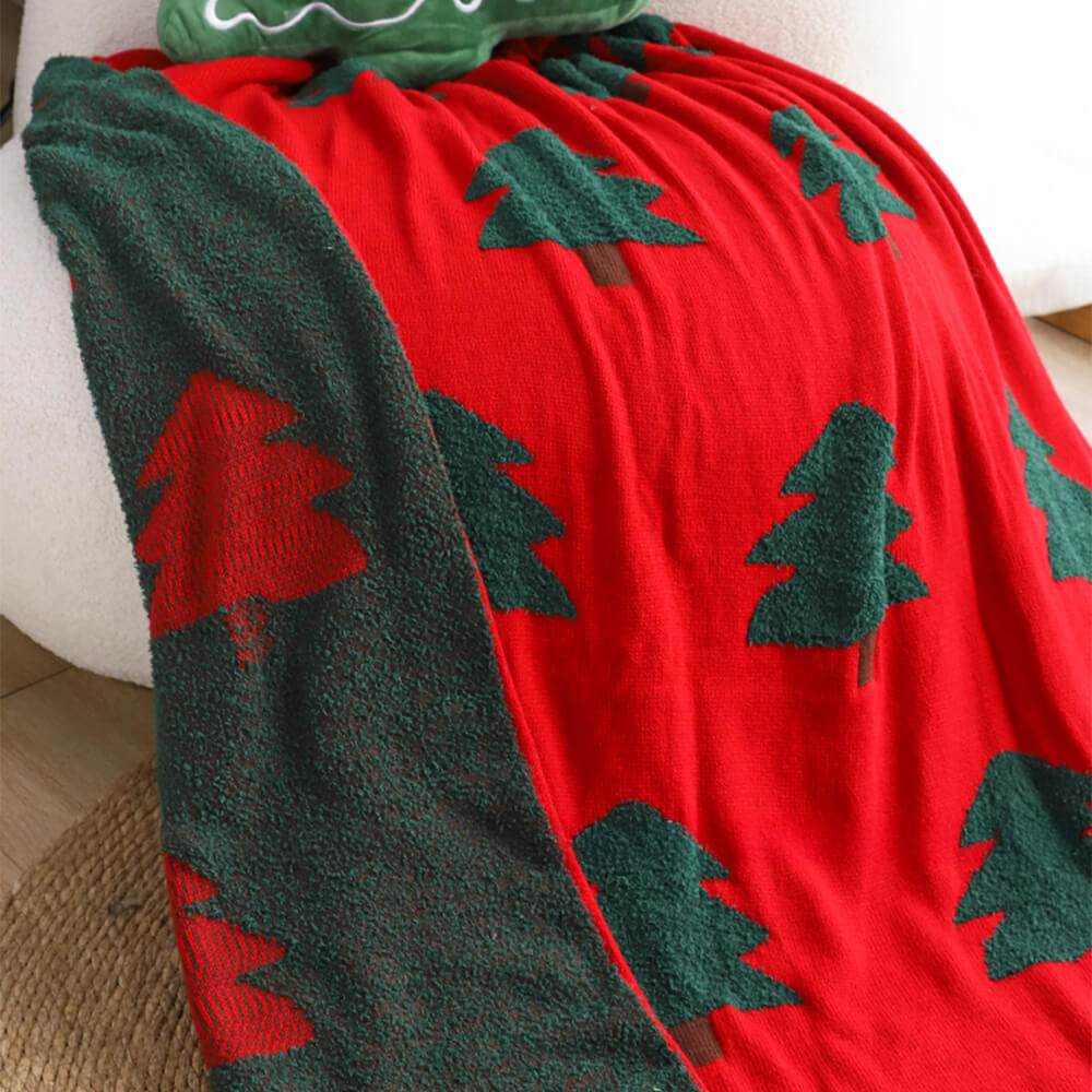 Manta de punto con diseño de árbol de Navidad festivo y almohada