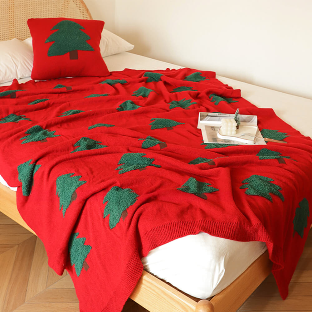 Manta de punto con diseño de árbol de Navidad festivo y almohada