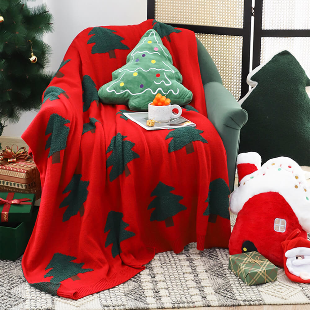 Manta de punto con diseño de árbol de Navidad festivo y almohada