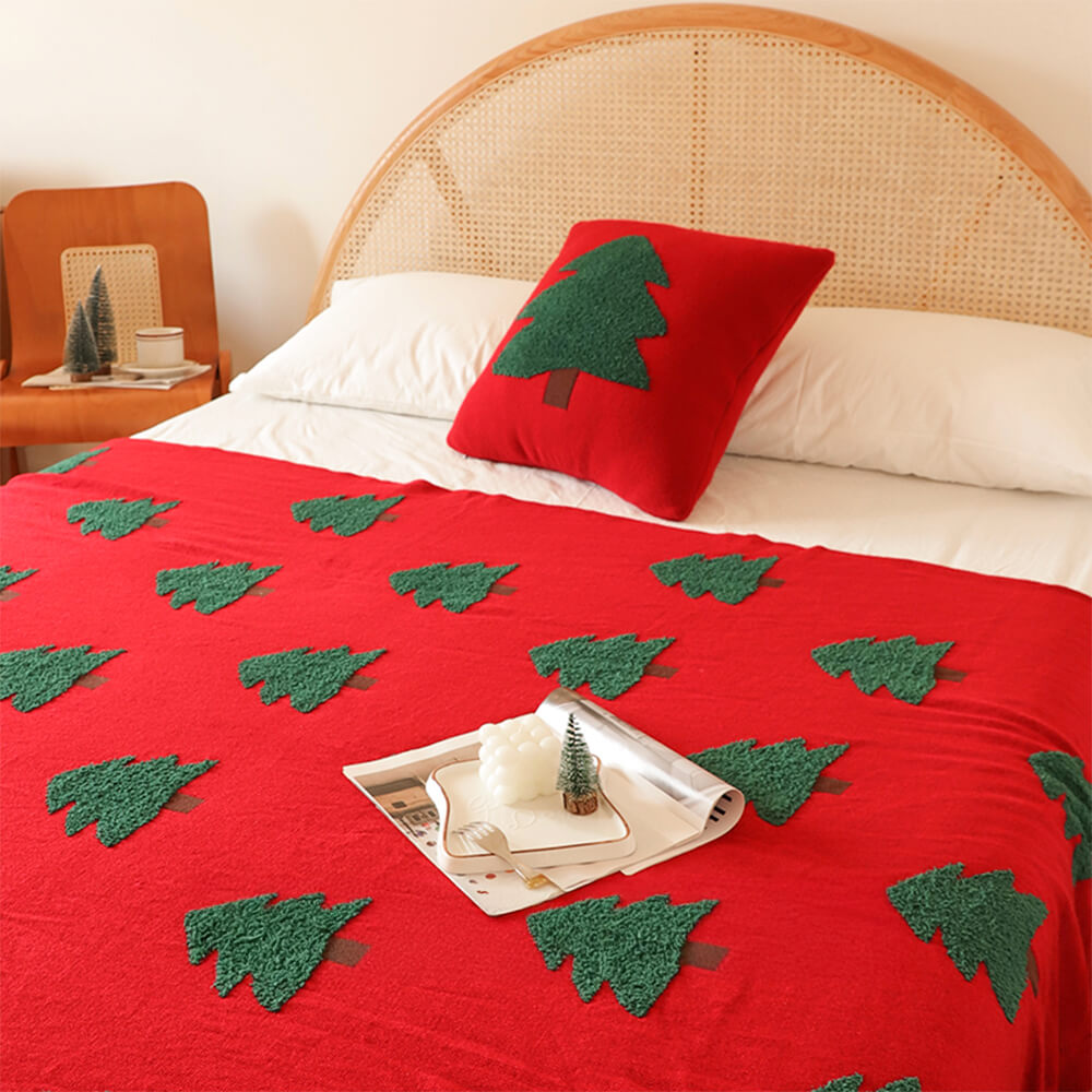 Manta de punto con diseño de árbol de Navidad festivo y almohada