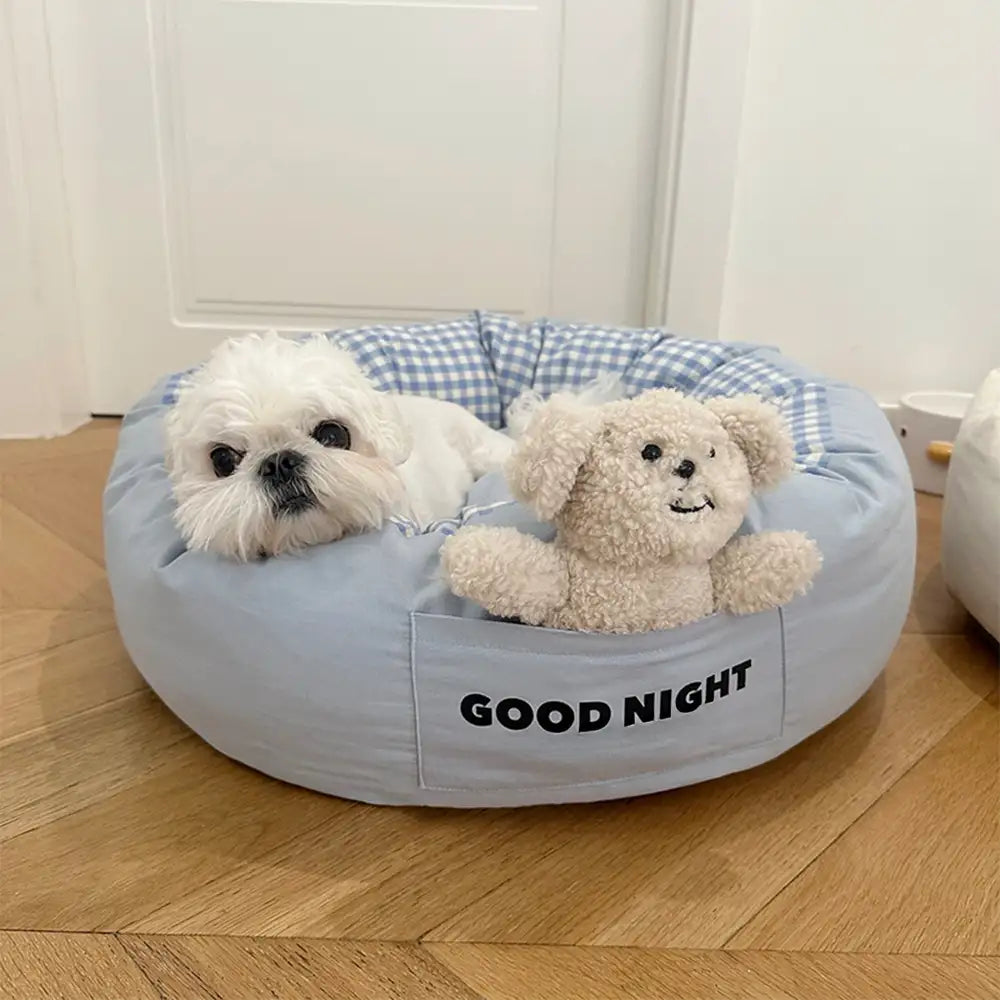 Buenas noches Cama para perros de sueño profundo y calmante con juguete de oso