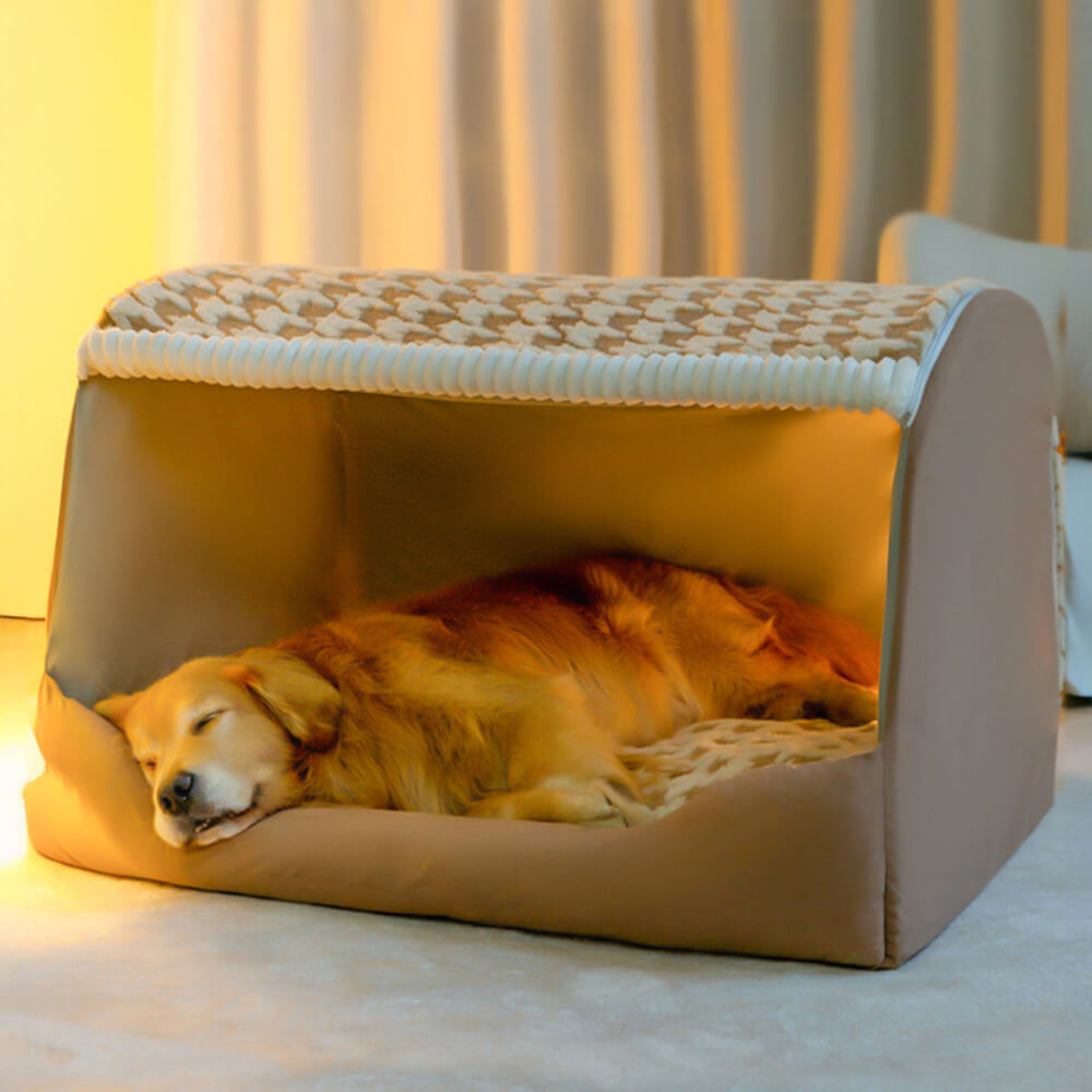 Cama para perros semicerrada, grande, desmontable y lavable, con diseño de pata de gallo