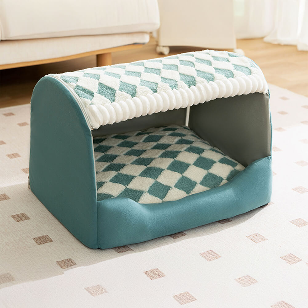 Cama para perros semicerrada, grande, desmontable y lavable, con diseño de pata de gallo