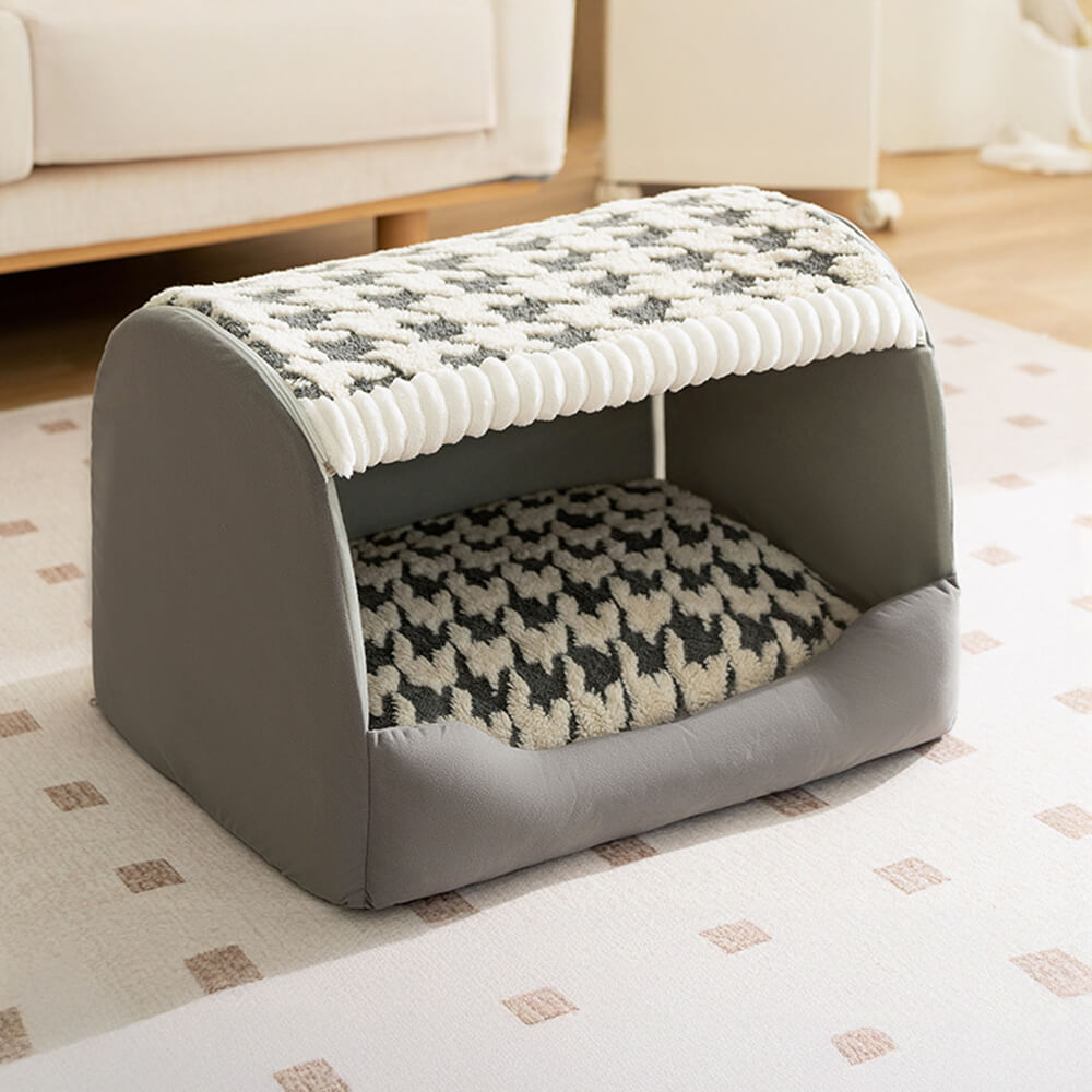 Cama para perros semicerrada, grande, desmontable y lavable, con diseño de pata de gallo