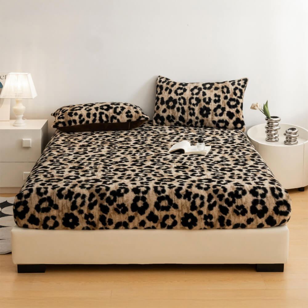 Sábana ajustable y cálida con estampado de leopardo y piel sintética de conejo gruesa