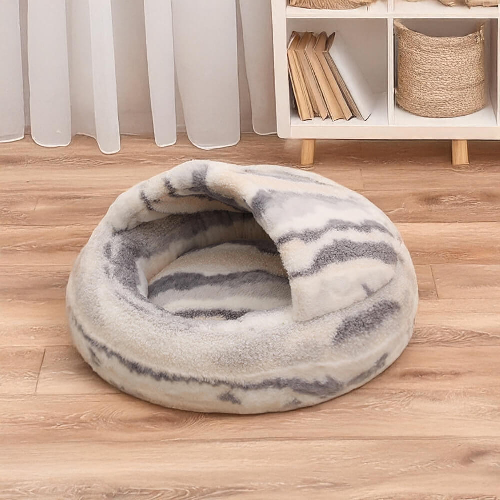 Cama semicerrada acogedora para perros y gatos de lujo con diseño de rayas de mármol