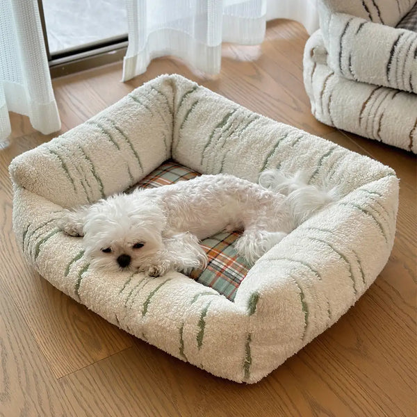Cama de perro calmante calma de pelaje a cuadros modernos