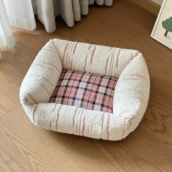 Cama de perro calmante calma de pelaje a cuadros modernos