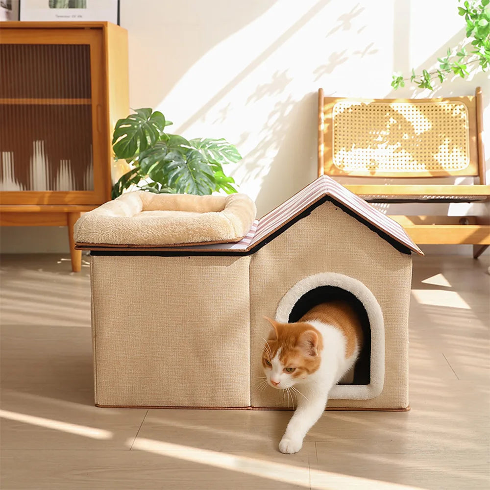 Casa para gatos multifuncional y plegable con cojín para dormir y jugar