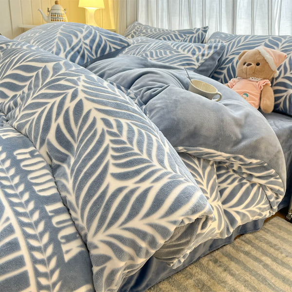Juego de cama de terciopelo tibio en relieve natural en relieve de hoja