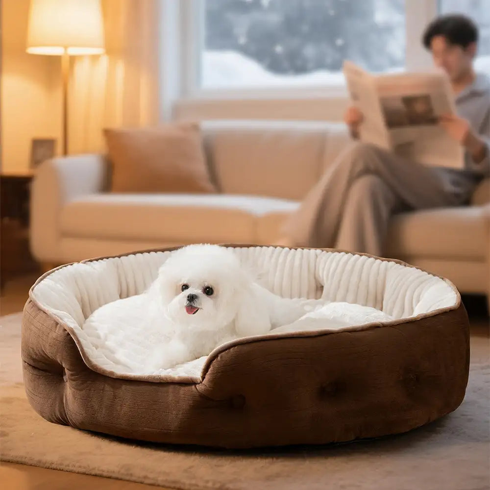 Cama para perro redonda de felpa, cálida, cómoda y profunda para dormir