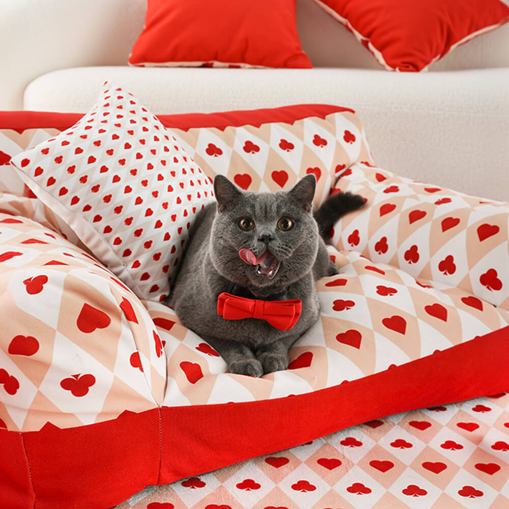 Sofá cama retro para mascotas con forma de corazón rojo, sofá cama para perros con soporte completo