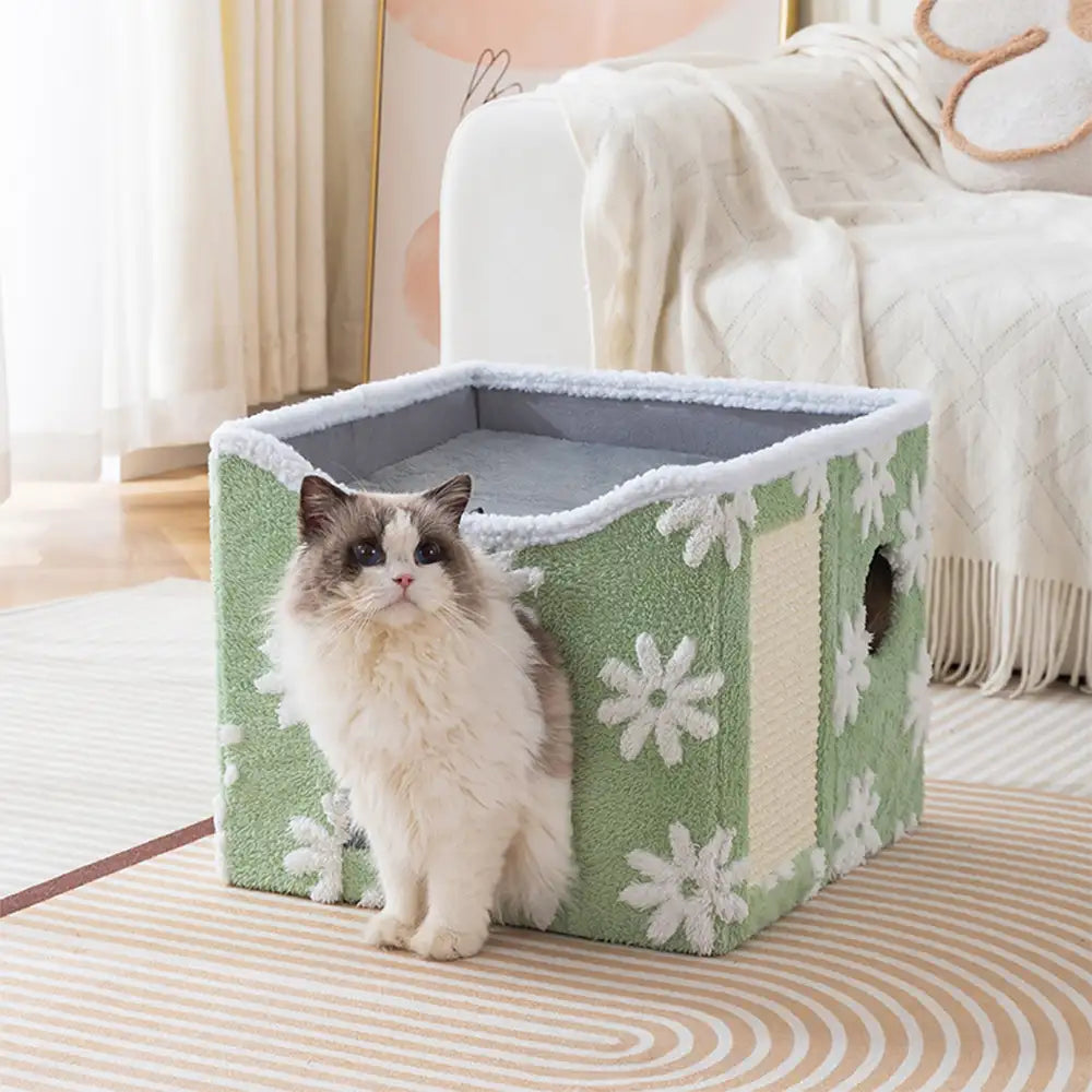 Casa para gatos de felpa suave, plegable y de doble nivel con tablero rascador