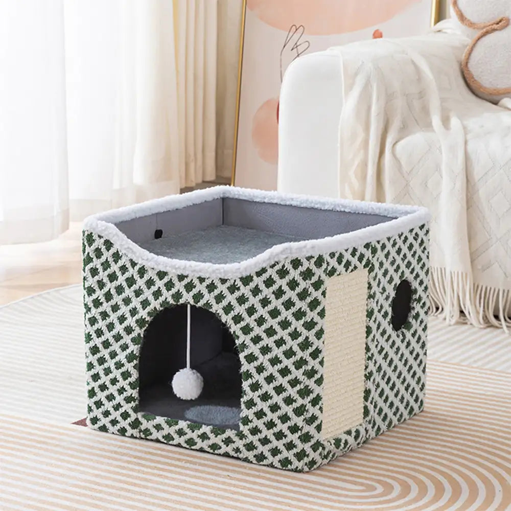 Casa para gatos de felpa suave, plegable y de doble nivel con tablero rascador