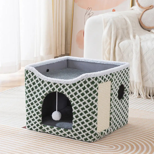 Casa de gato de doble nivel plegable suave y lujoso con tablero de rasguños