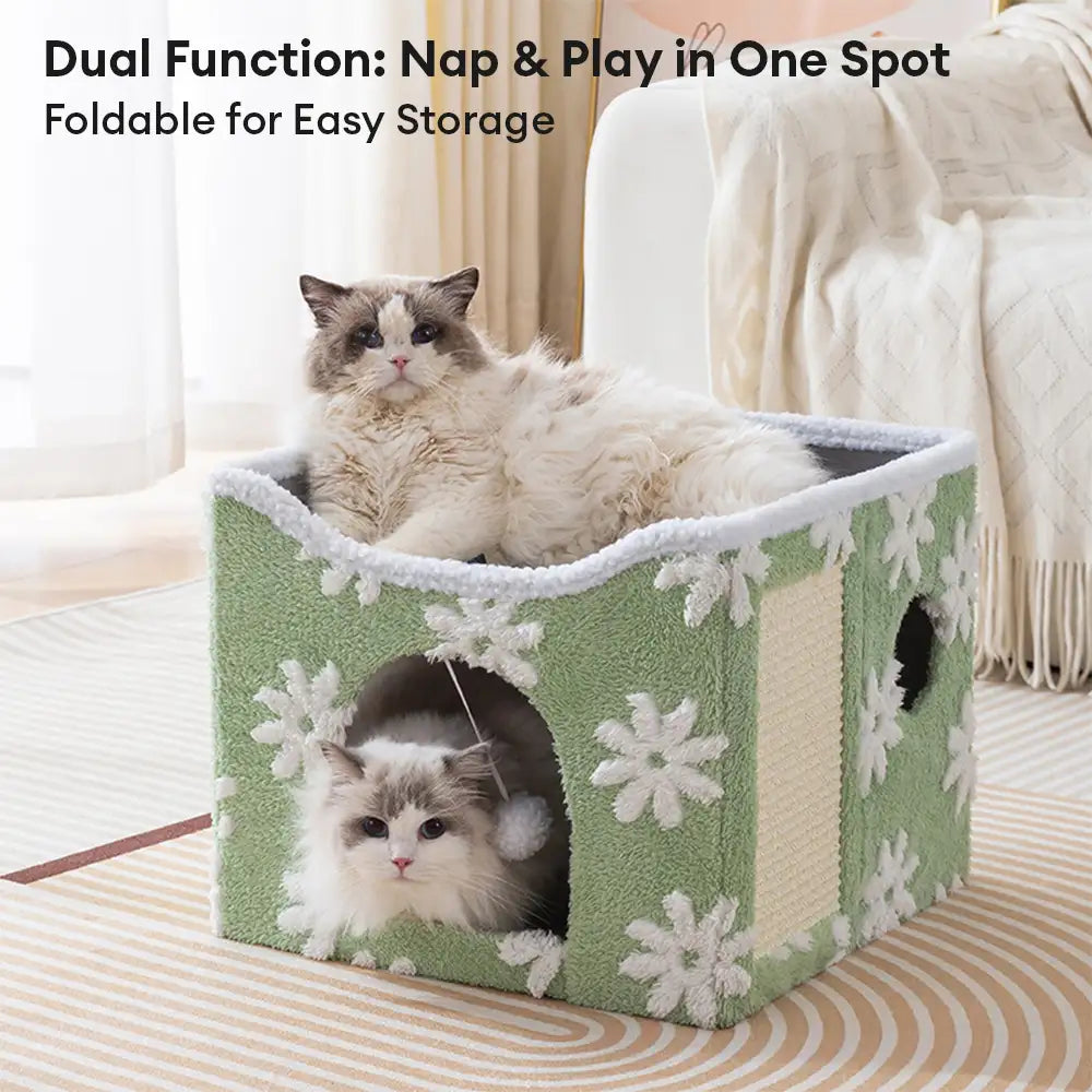 Casa para gatos de felpa suave, plegable y de doble nivel con tablero rascador