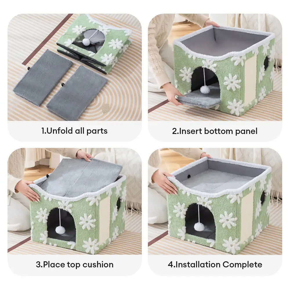 Casa para gatos de felpa suave, plegable y de doble nivel con tablero rascador