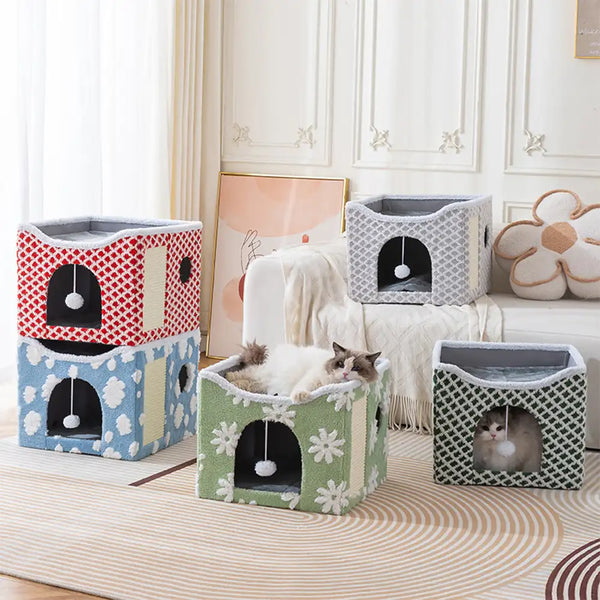 Casa de gato de doble nivel plegable suave y lujoso con tablero de rasguños