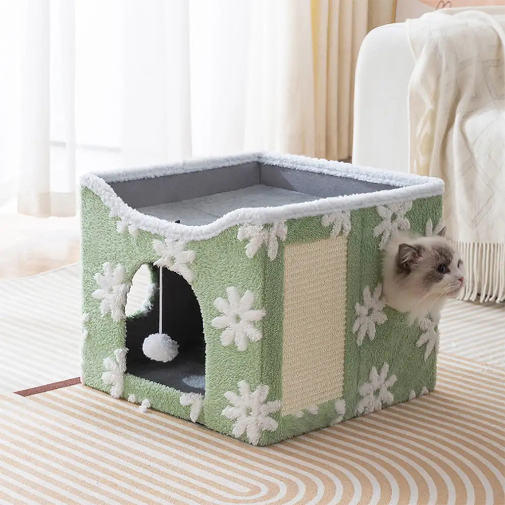 Casa para gatos de felpa suave, plegable y de doble nivel con tablero rascador