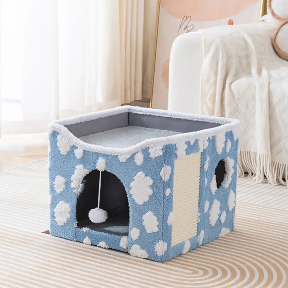 Casa para gatos de felpa suave, plegable y de doble nivel con tablero rascador