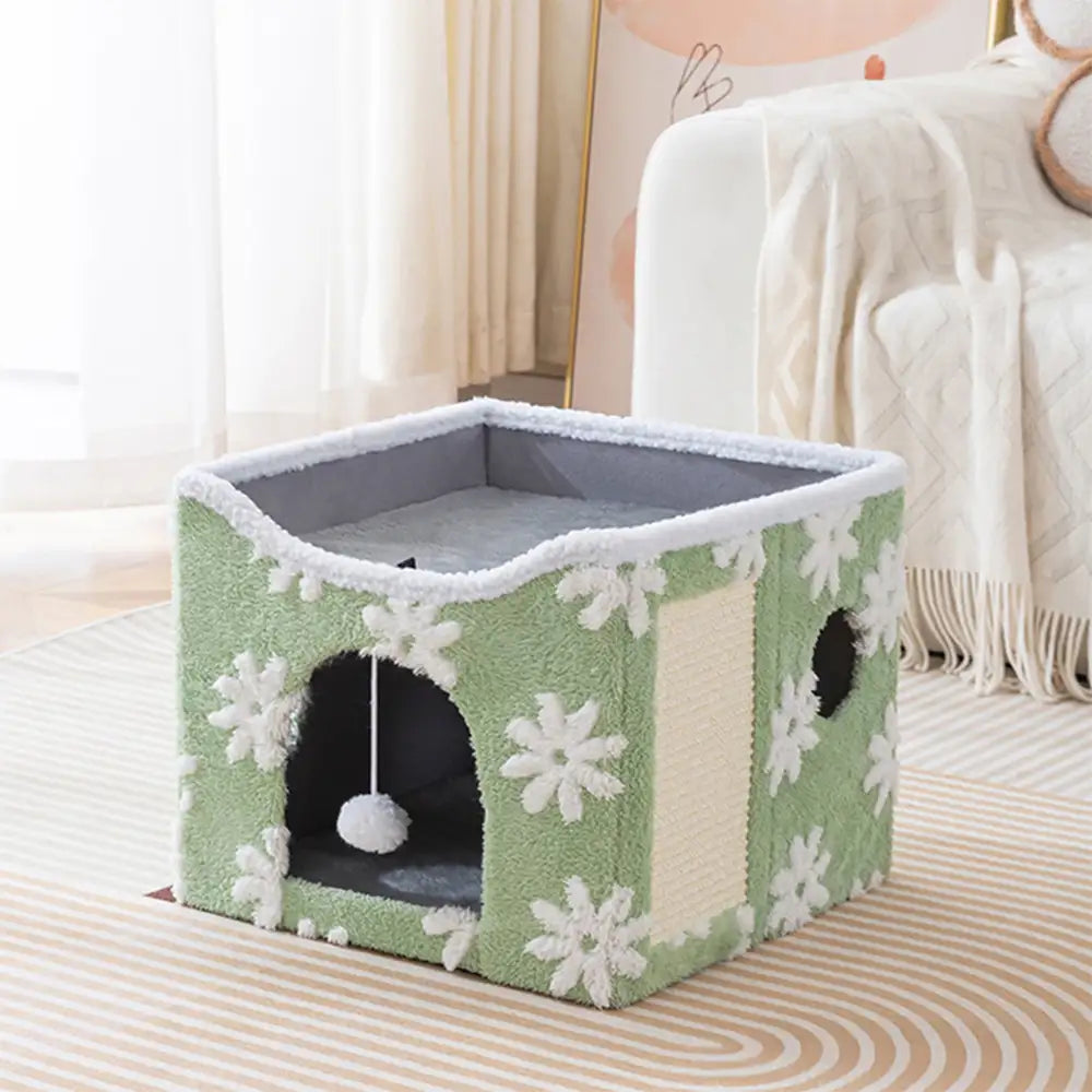 Casa para gatos de felpa suave, plegable y de doble nivel con tablero rascador
