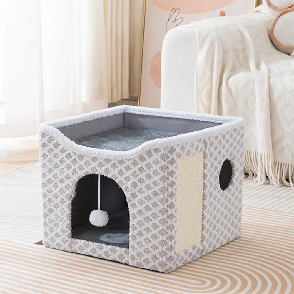 Casa para gatos de felpa suave, plegable y de doble nivel con tablero rascador