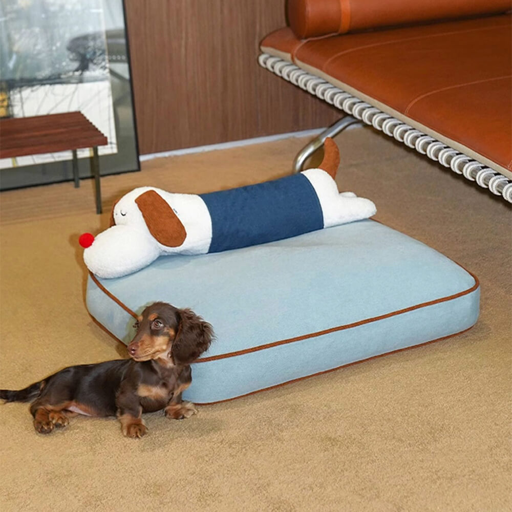 Amplia alfombra para perros y gatos con decoración de mezclilla y almohada de muñeca extraíble