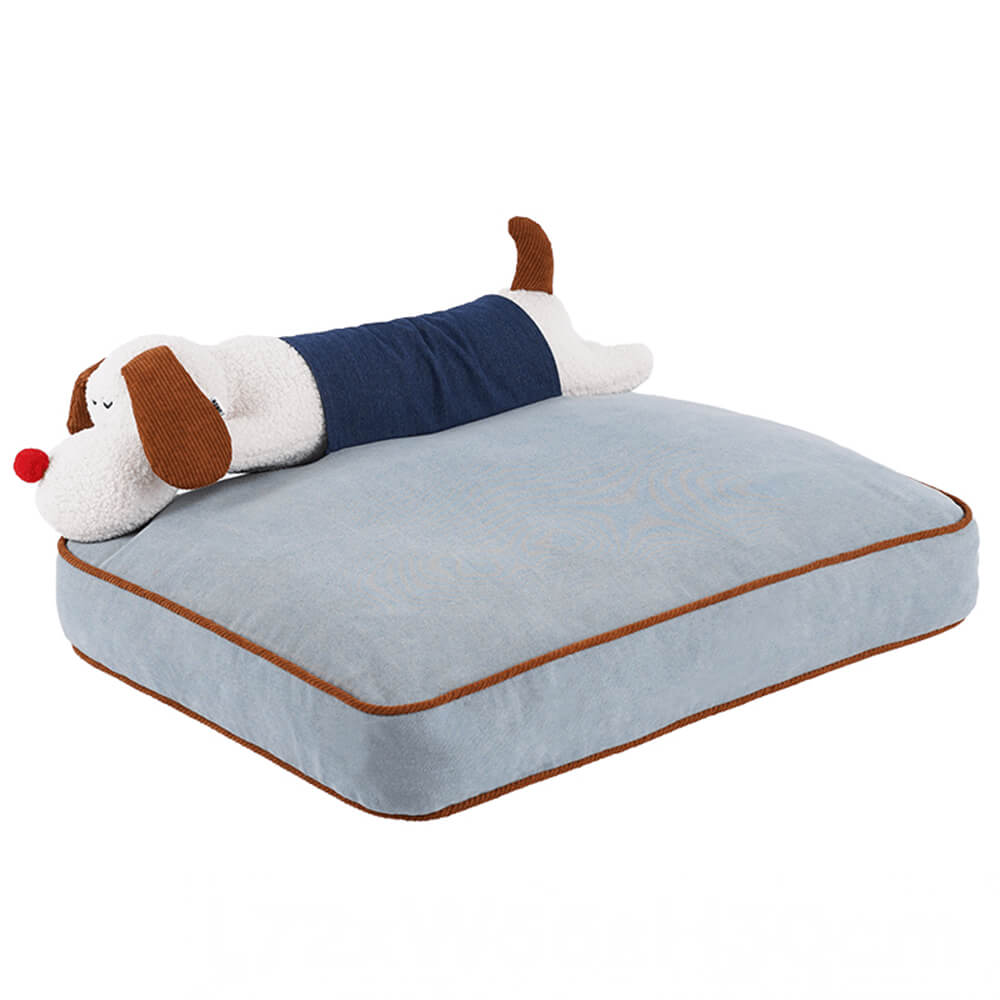 Amplia alfombra para perros y gatos con decoración de mezclilla y almohada de muñeca extraíble