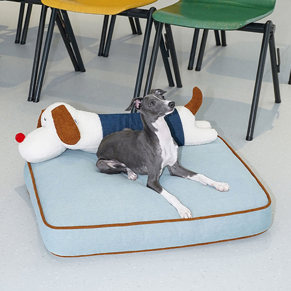 Amplia alfombra para perros y gatos con decoración de mezclilla y almohada de muñeca extraíble