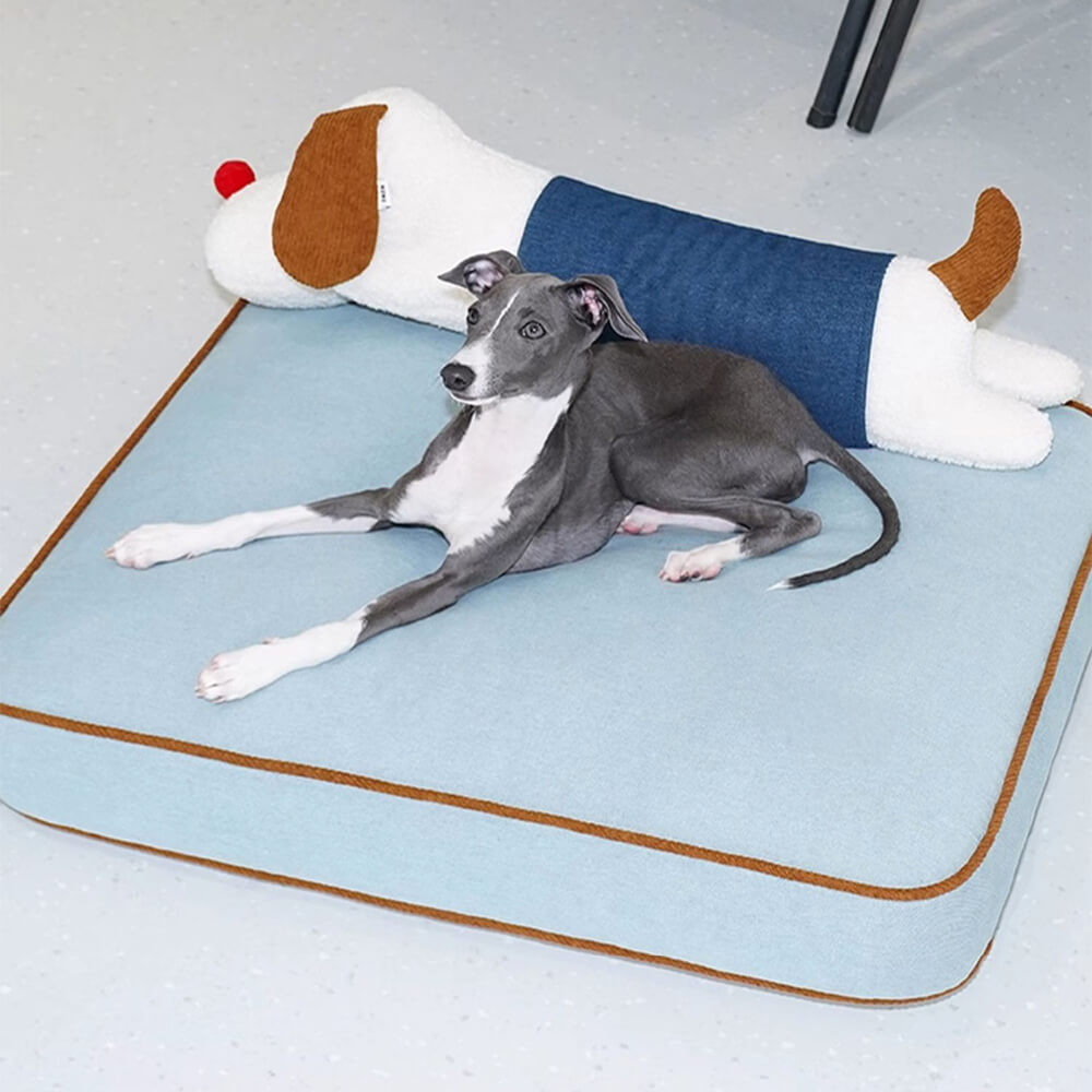 Amplia alfombra para perros y gatos con decoración de mezclilla y almohada de muñeca extraíble