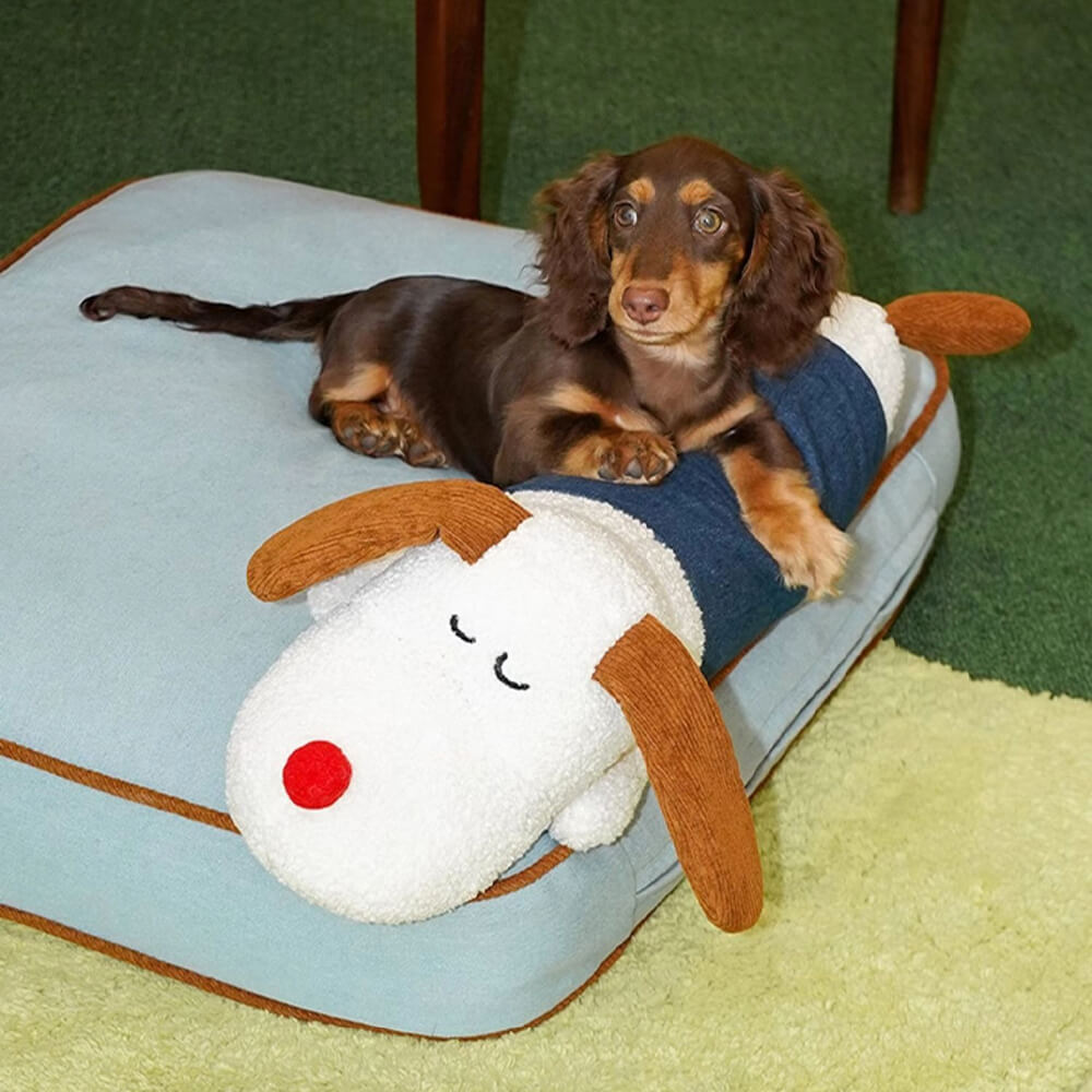 Amplia alfombra para perros y gatos con decoración de mezclilla y almohada de muñeca extraíble