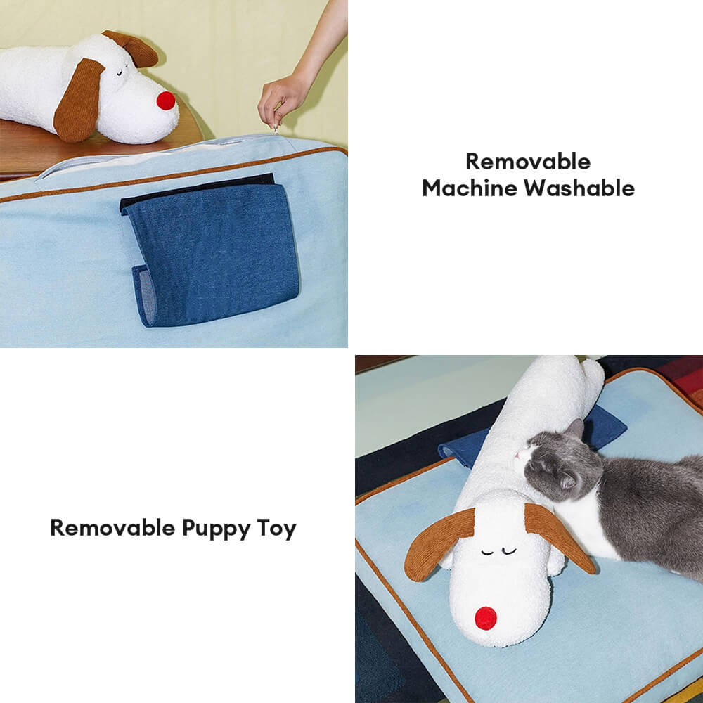 Amplia alfombra para perros y gatos con decoración de mezclilla y almohada de muñeca extraíble