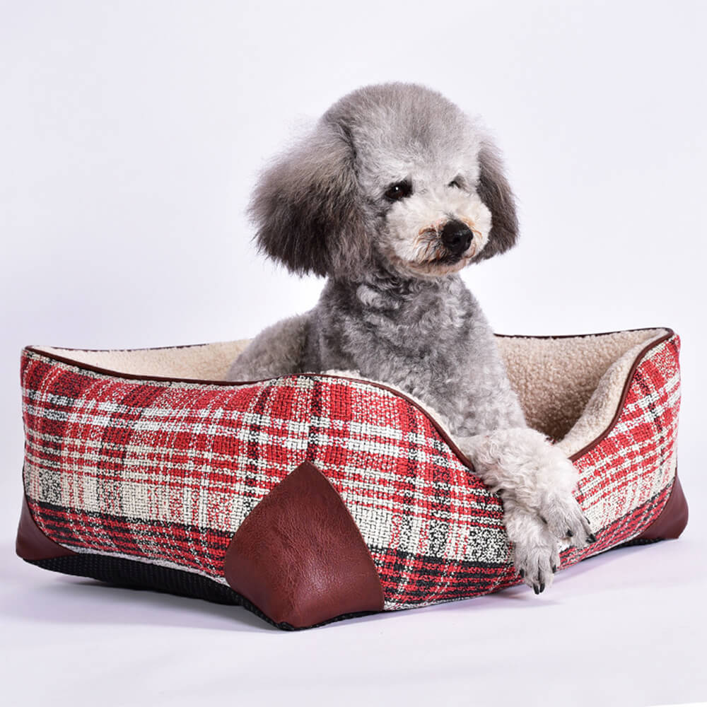 Cama para perros y gatos de piel sintética tipo sherpa con cuadros escoceses cuadrados y estilo vintage