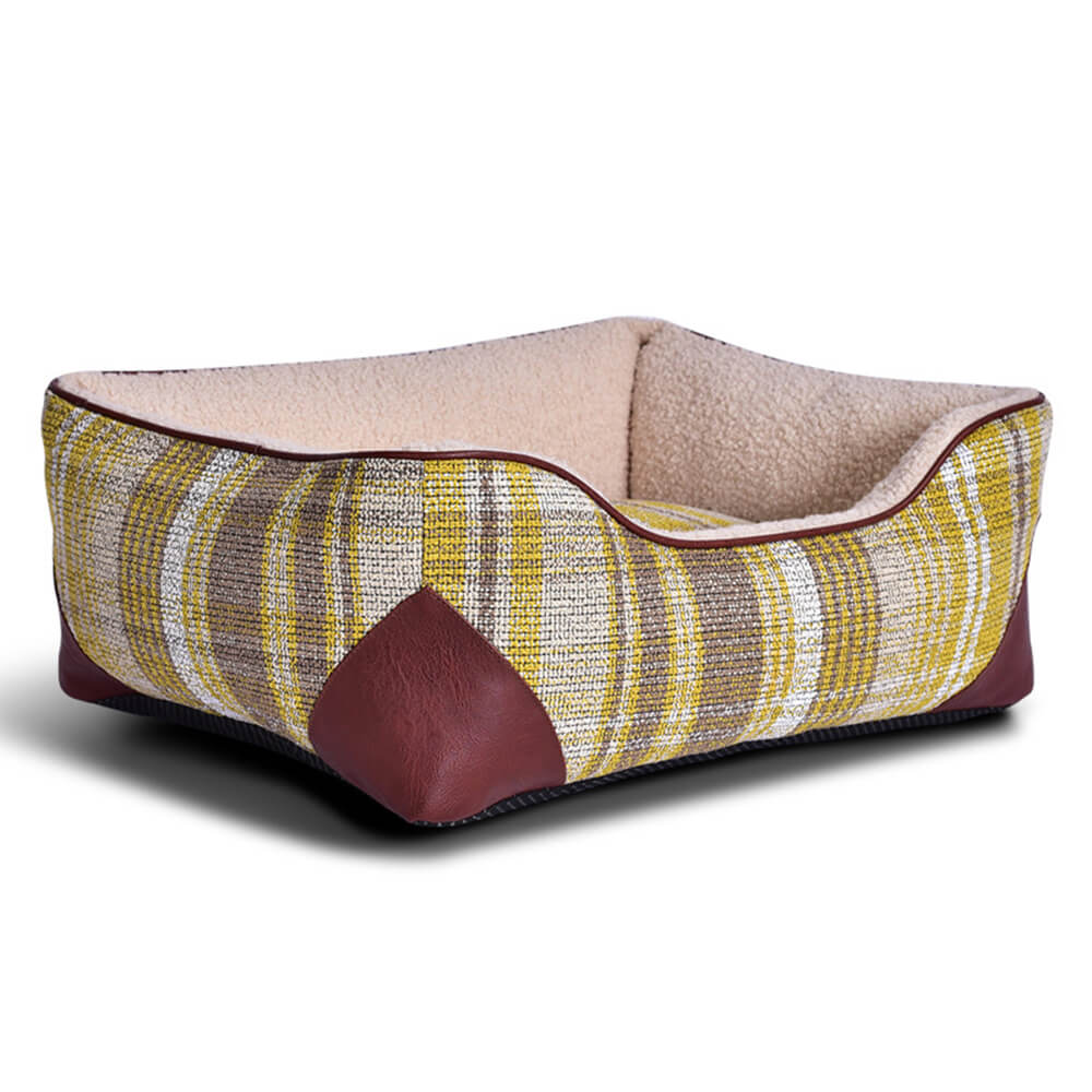 Cama para perros y gatos de piel sintética tipo sherpa con cuadros escoceses cuadrados y estilo vintage