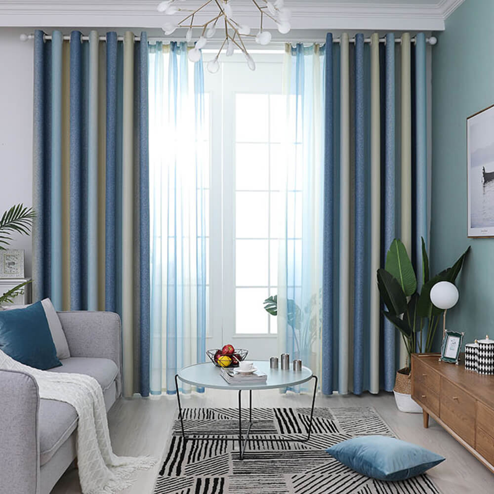 Cortinas opacas con rayas degradadas y estilo mediterráneo