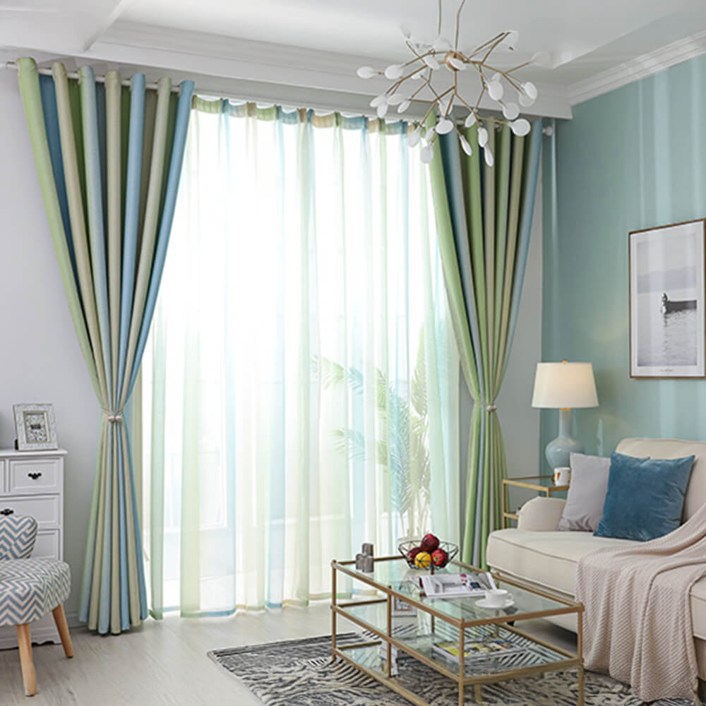 Cortinas opacas con rayas degradadas y estilo mediterráneo