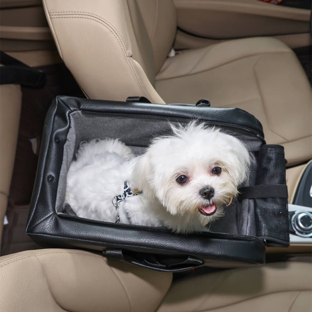 Asiento de coche para perros pequeño desmontable y elevado con consola central para viajes seguros