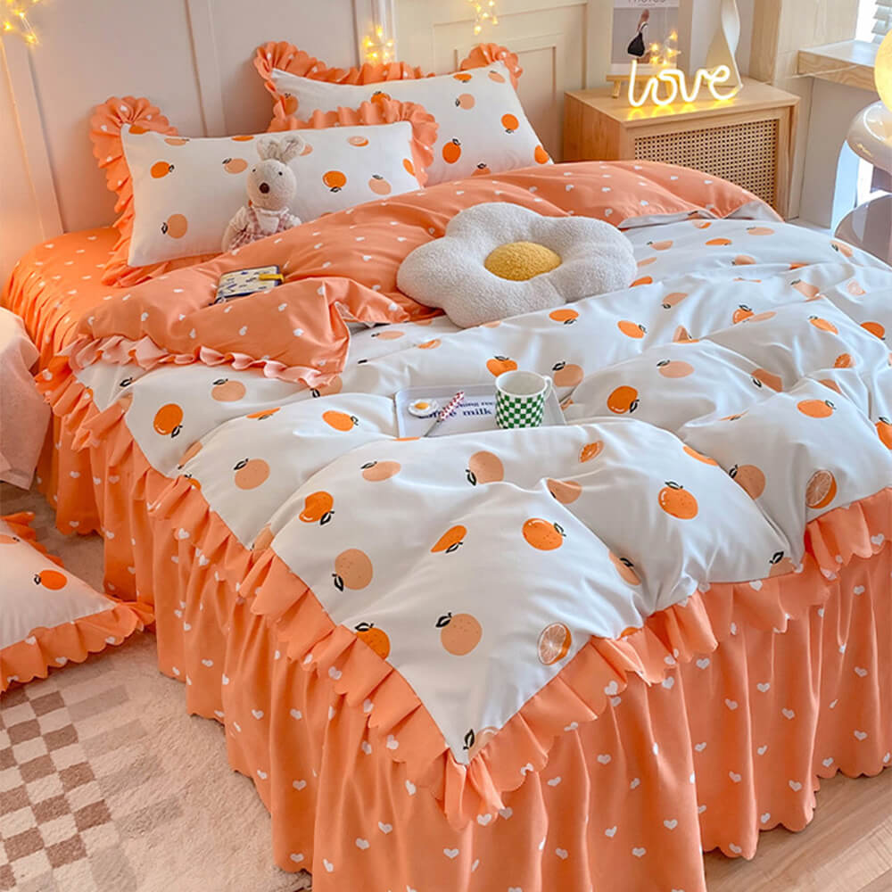 Conjunto de sábanas cepilladas con estampado floral vibrante de primavera y volantes en la falda de la cama