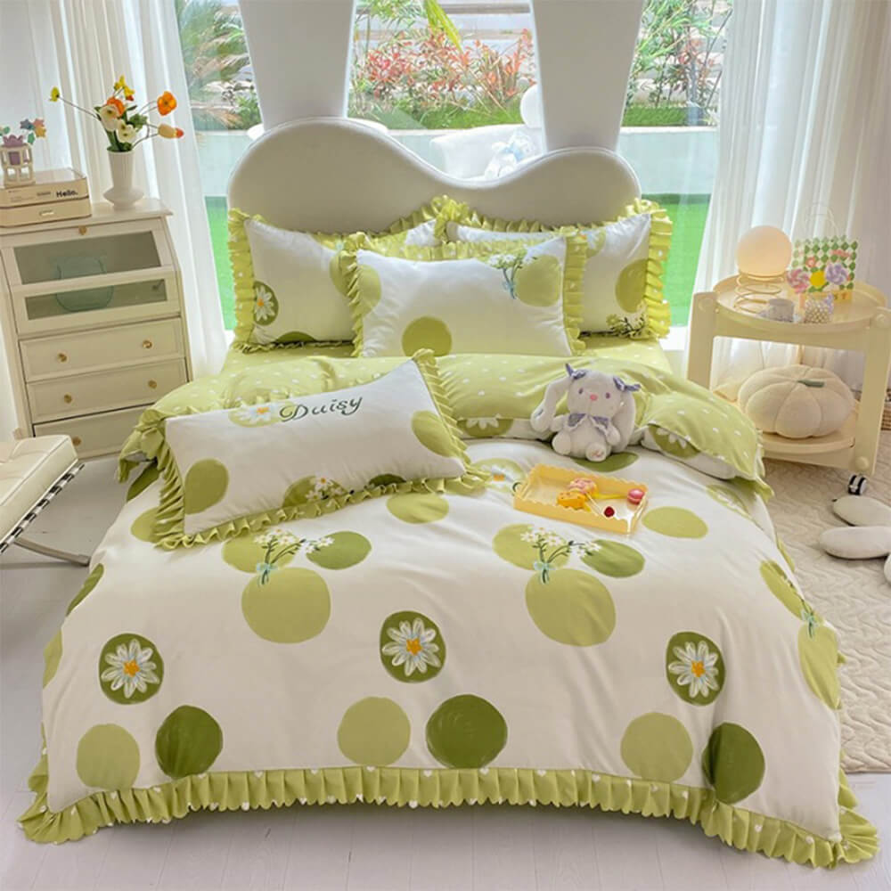 Conjunto de sábanas cepilladas con estampado floral vibrante de primavera y volantes en la falda de la cama