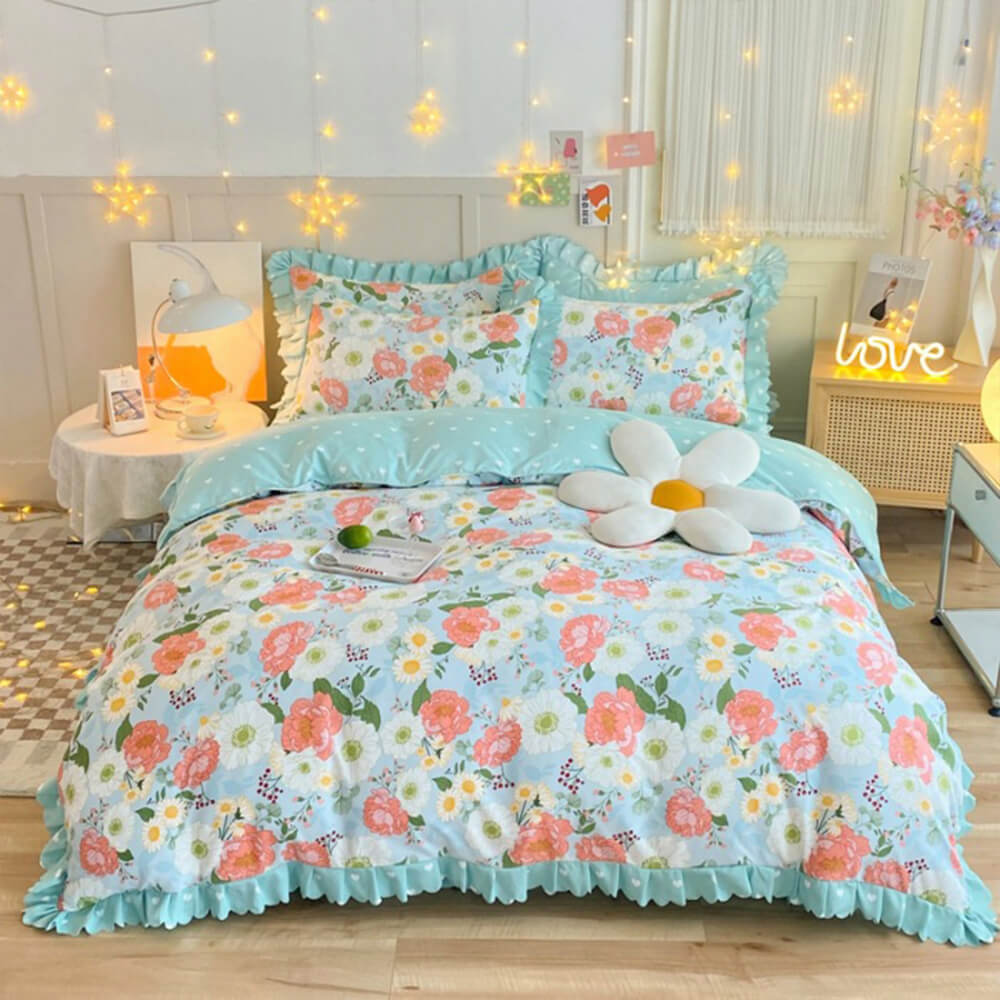 Conjunto de sábanas cepilladas con estampado floral vibrante de primavera y volantes en la falda de la cama