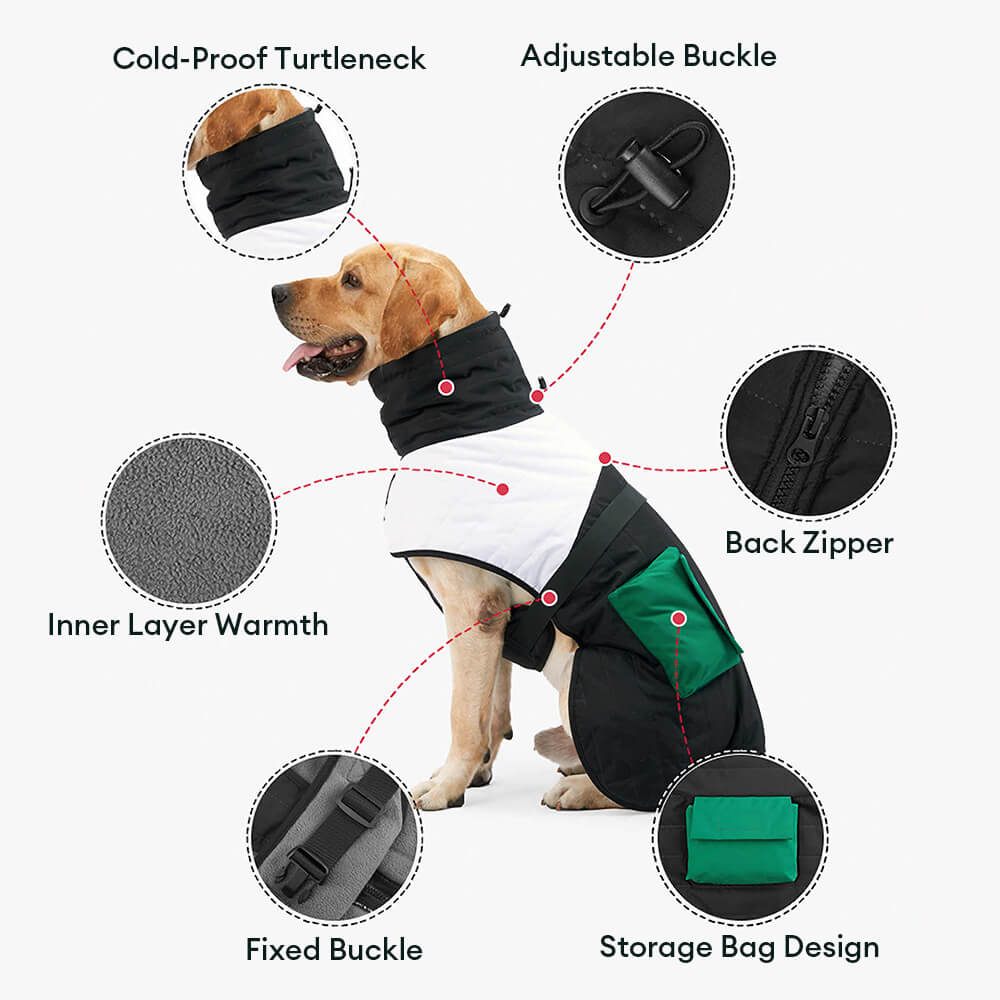 Chaqueta gruesa para perros con cuello alto, cálida, impermeable, con bolsillo ajustable