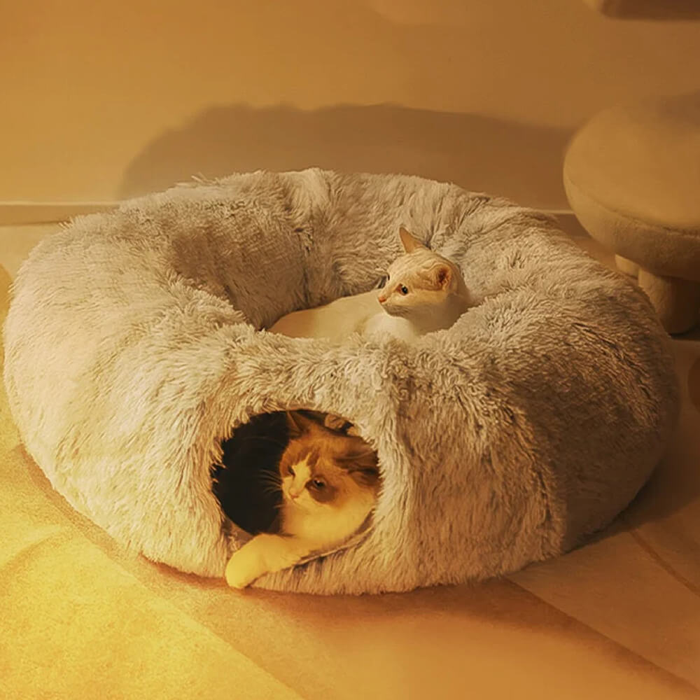 Cama túnel para gatos redonda, suave y plegable para interiores 2 en 1